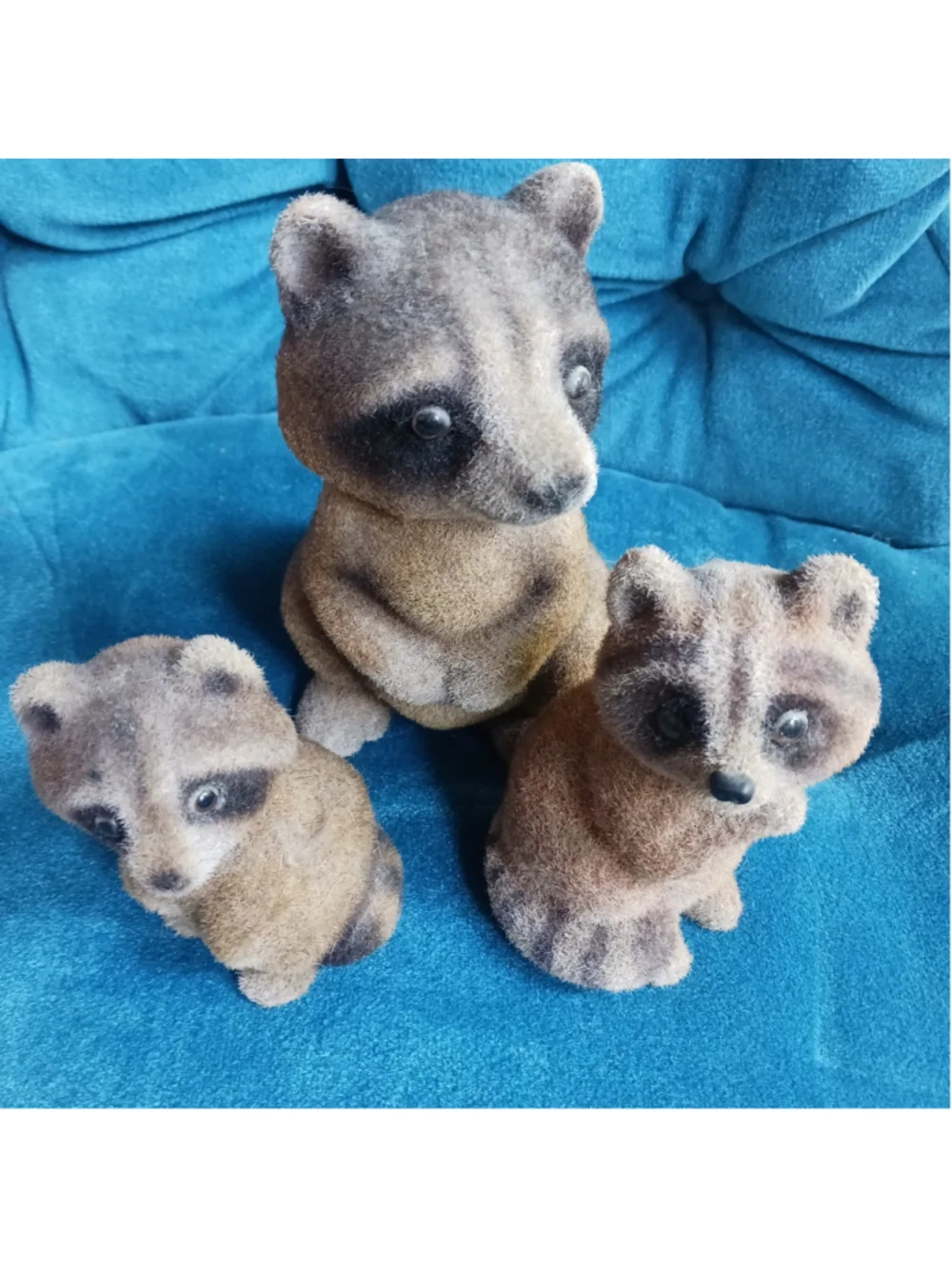 Vintage Flocked Raccoon Bank Figurine Trio Lot Of 3 Trashpanda Bandit Mama